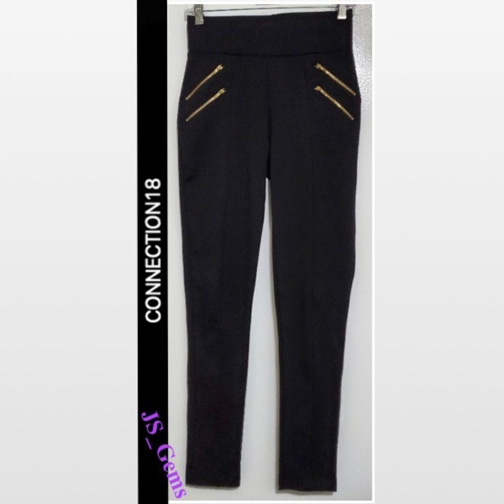Black Leggings Skinny High Rise Pants Gold Zippers Thick Warm